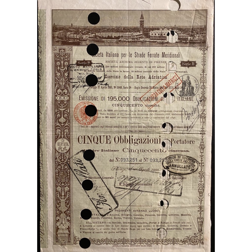 1888 - 1889 LOTTO 5 OBBLIGAZIONI FERROVIE ITALIANE