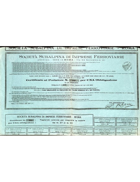 1936 - SOCIETA' SUBALPINA IMPRESE FERROVIARIE - 1 OBBLIGAZIONE - ROMA