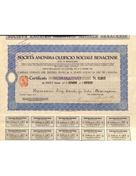 1924 - SOCIETA' ANONIMA OLEIFICIO SOCIALE BENACENSE - TOSCOLANO