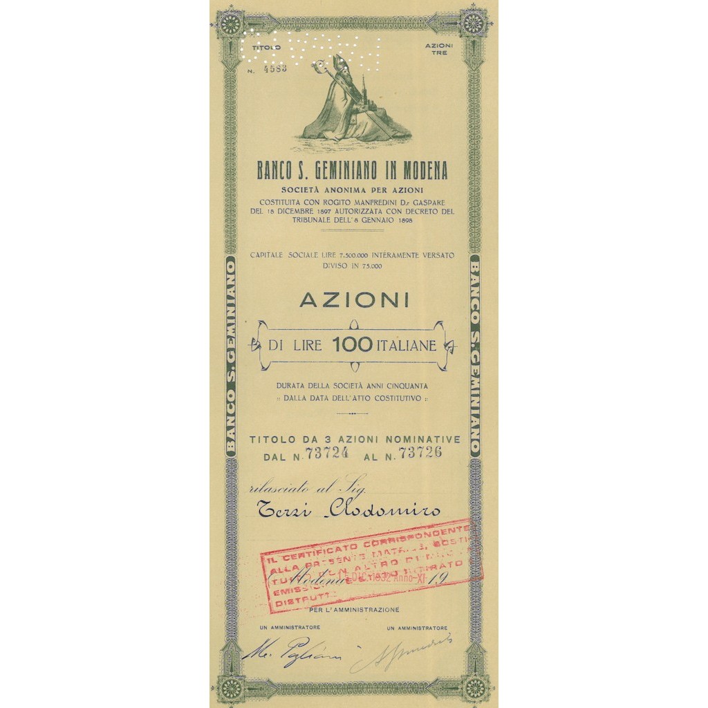 BANCO DI SAN GEMINIANO IN MODENA 3 AZIONE MODENA 1932
