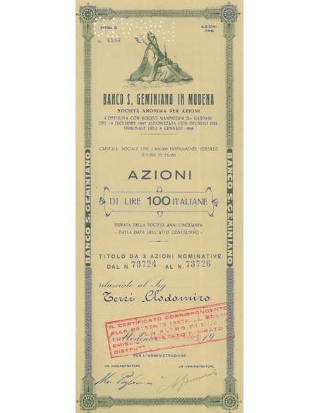 BANCO DI SAN GEMINIANO IN MODENA 3 AZIONE MODENA 1932