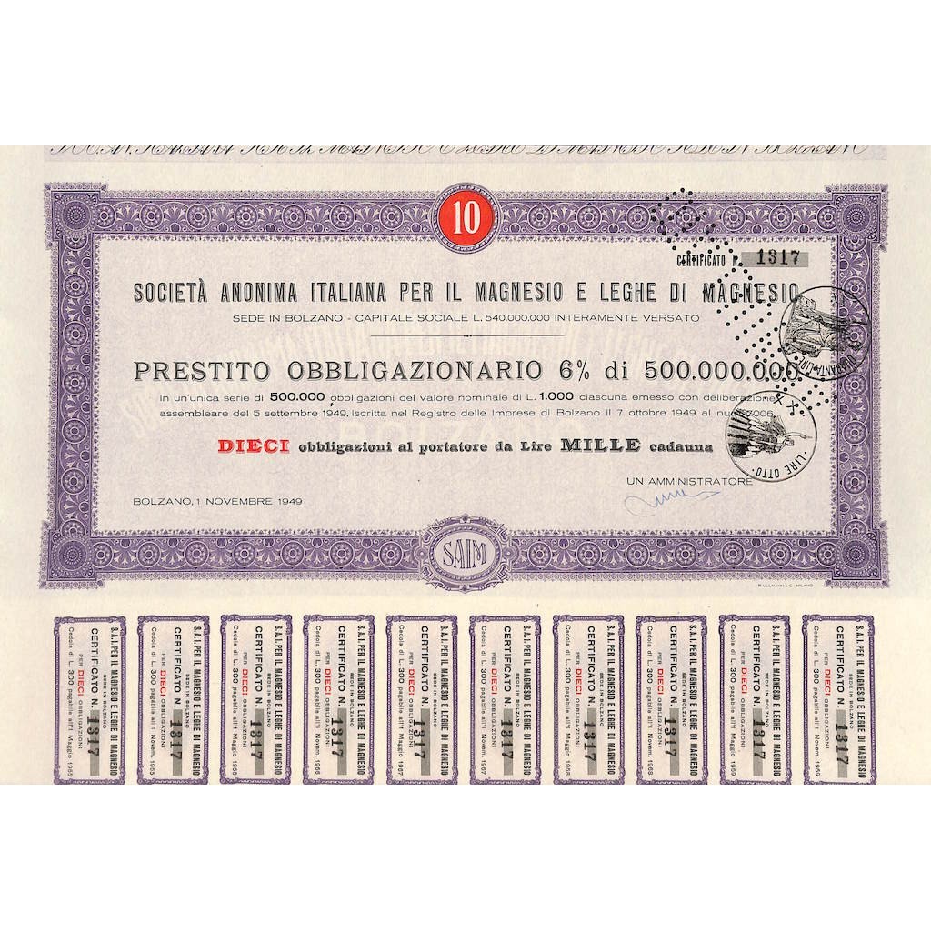 SOC. ANON. ITALIANA PER IL MAGNESIO E LEGHE DI MAGNESIO 10 OBBLIG. 1949