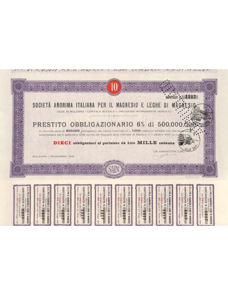 SOC. ANON. ITALIANA PER IL MAGNESIO E LEGHE DI MAGNESIO 10 OBBLIG. 1949