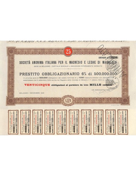 SOC. ANON. ITALIANA PER IL MAGNESIO E LEGHE DI MAGNESIO 25 OBBLIG. 1949