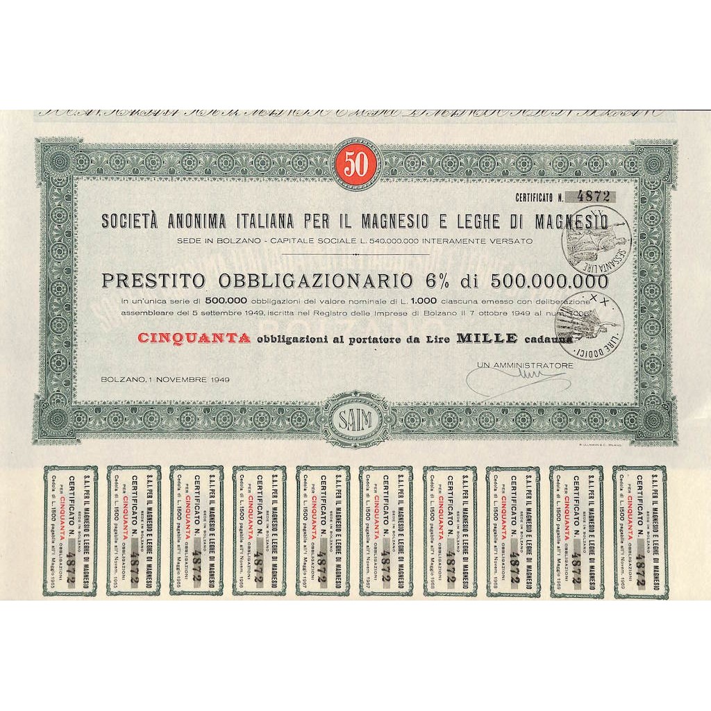 SOC. ANON. ITALIANA PER IL MAGNESIO E LEGHE DI MAGNESIO 50 OBBLIG. 1949
