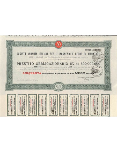 SOC. ANON. ITALIANA PER IL MAGNESIO E LEGHE DI MAGNESIO 50 OBBLIG. 1949