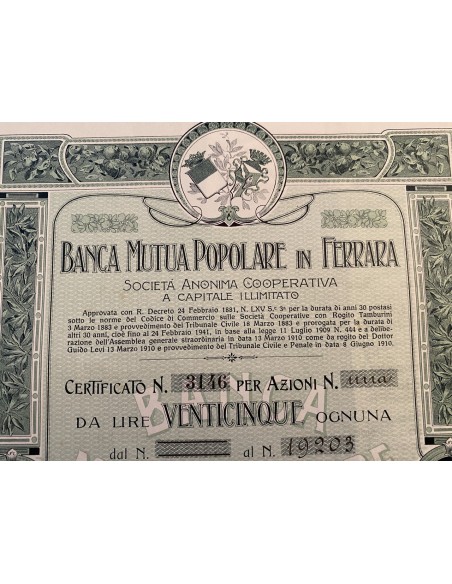 1911 - BANCA MUTUA POPOLARE IN FERRARA SA COOP. - 25 AZIONI - FERRARA