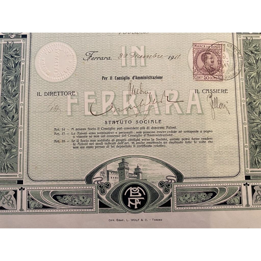 1911 - BANCA MUTUA POPOLARE IN FERRARA SA COOP....