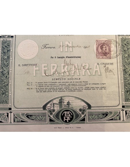 1911 - BANCA MUTUA POPOLARE IN FERRARA SA COOP. - 25 AZIONI - FERRARA