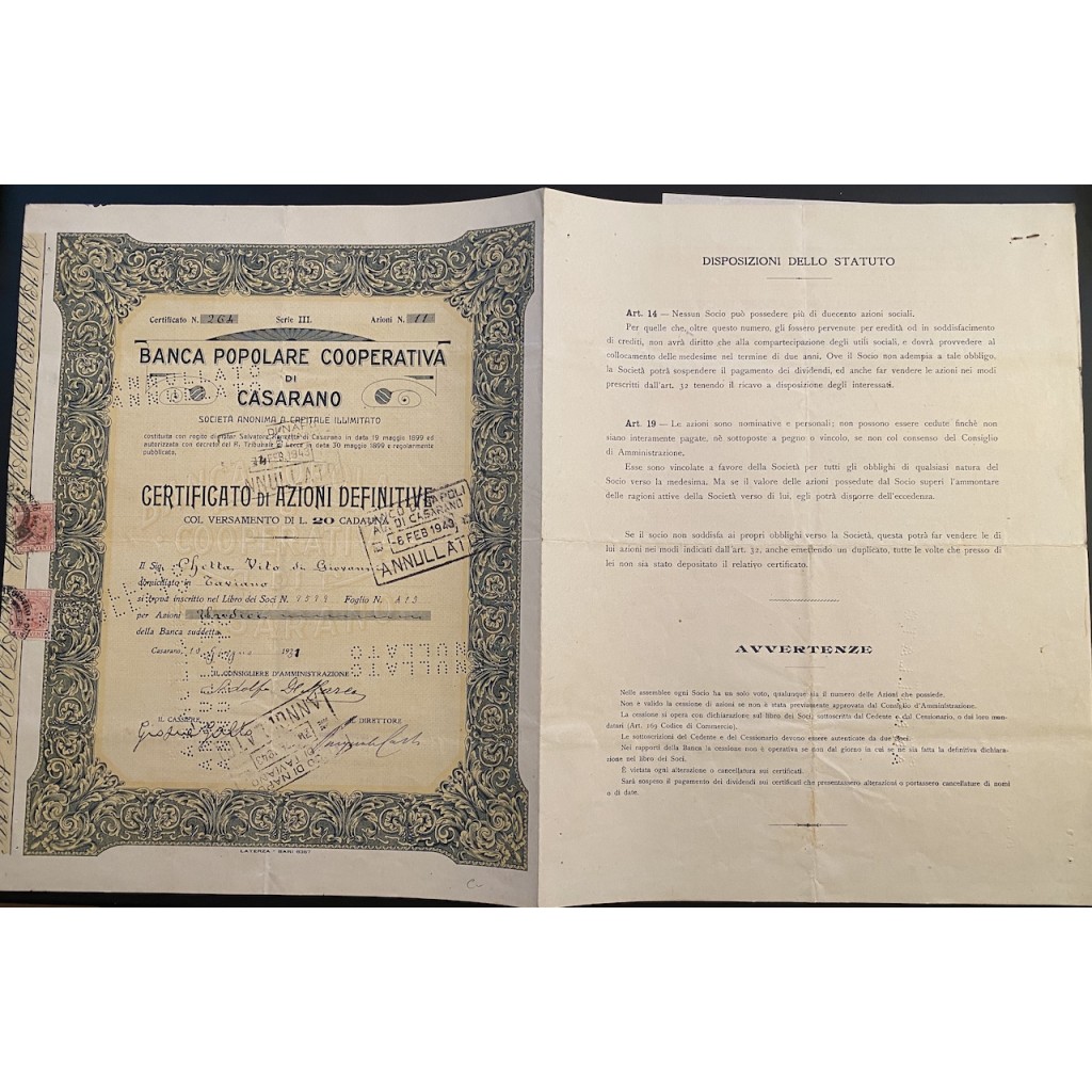 1931 - BANCA POPOLARE COOPERATIVA DI CASARANO...