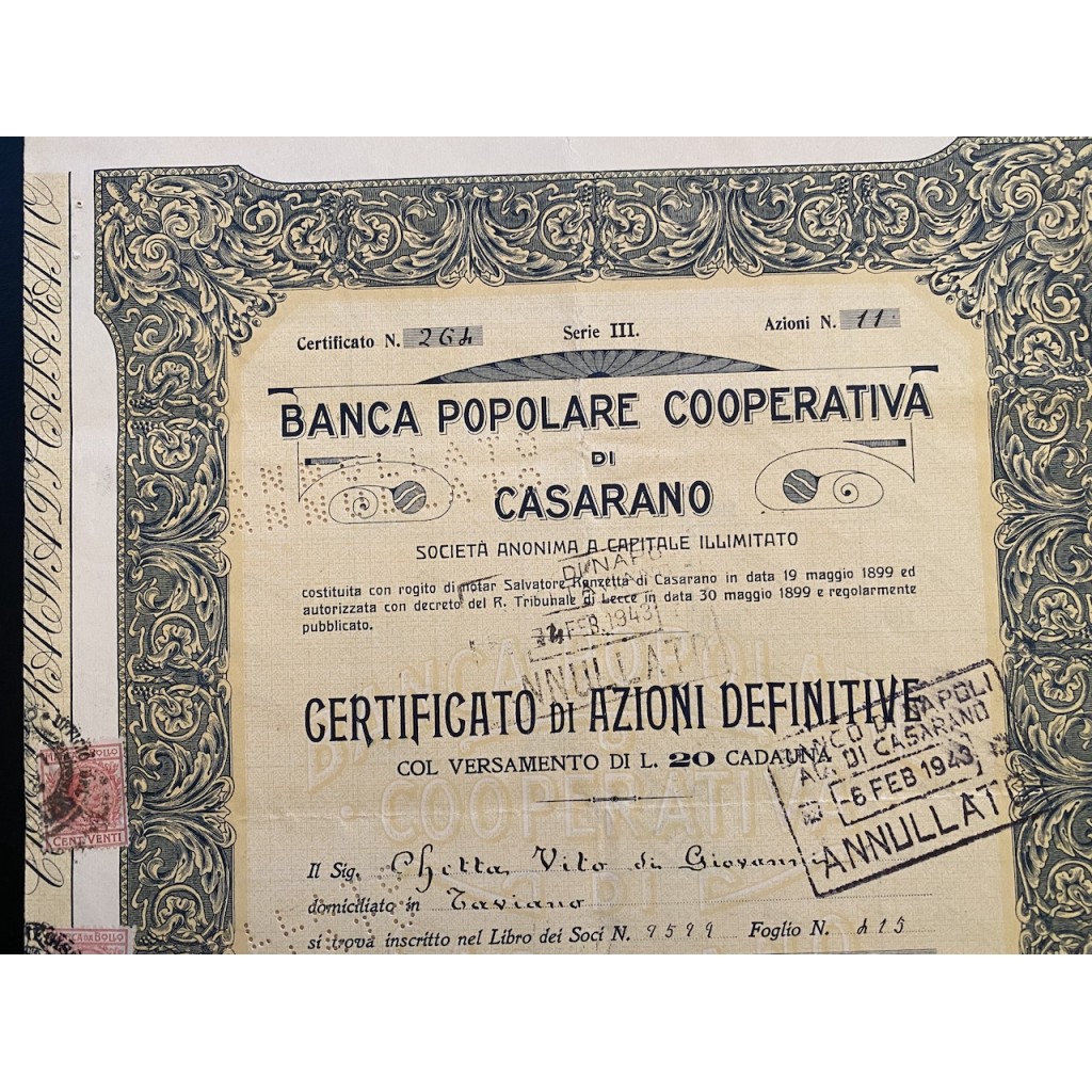 1931 - BANCA POPOLARE COOPERATIVA DI CASARANO...