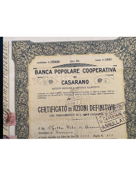 1931 - BANCA POPOLARE COOPERATIVA DI CASARANO SERIE III CASARANO