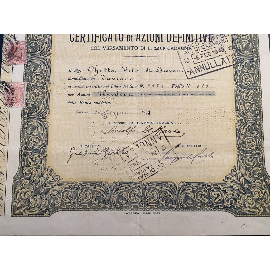 1931 - BANCA POPOLARE COOPERATIVA DI CASARANO...