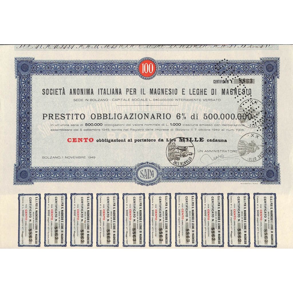 SOC. ANON. ITALIANA PER IL MAGNESIO E LEGHE DI MAGNESIO 100 OBBLIG. 1949