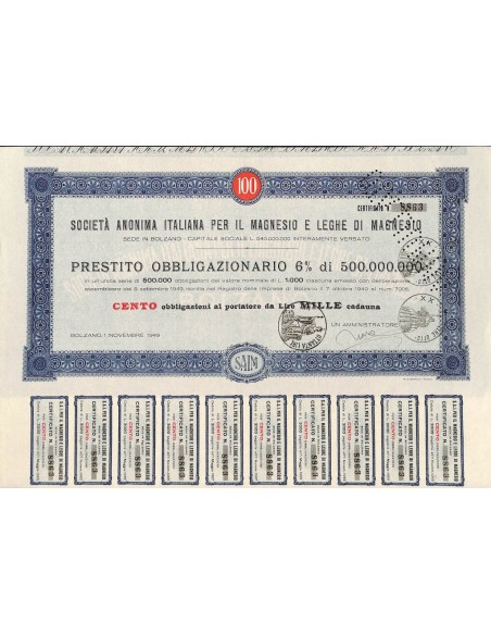 SOC. ANON. ITALIANA PER IL MAGNESIO E LEGHE DI MAGNESIO 100 OBBLIG. 1949