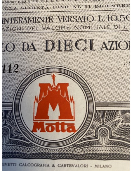 1961 - MOTTA S.p.A PER L'INDUSTRIA DOLCIARIA ED ALIMENTARE 10 AZIONI - MILANO