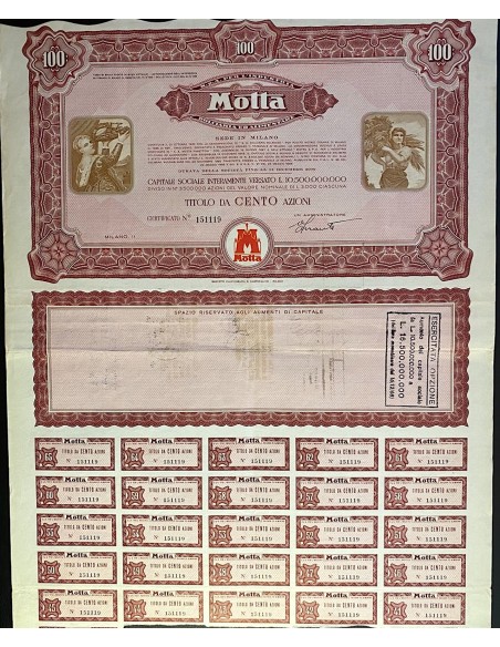 1955 - MOTTA S.p.A PER L'INDUSTRIA DOLCIARIA ED ALIMENTARE 100 AZIONI - MILANO