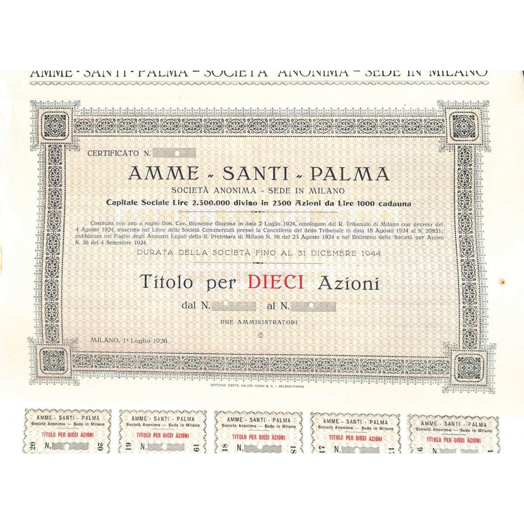 AMME SANTI PALMA - 10 AZIONI MILANO 1926