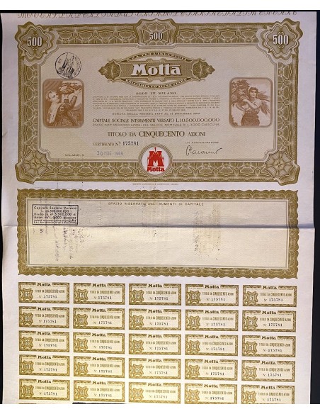 1969 - MOTTA S.p.A PER L'INDUSTRIA DOLCIARIA ED ALIMENTARE 500 AZIONI - MILANO