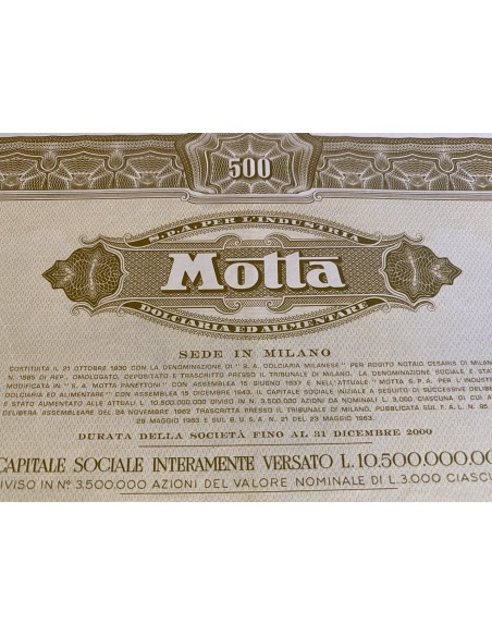 1969 - MOTTA S.p.A PER L'INDUSTRIA DOLCIARIA ED ALIMENTARE 500 AZIONI - MILANO