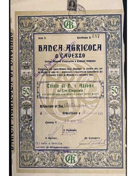 1958 - BANCA AGRICOLA DI CAVEZZO 1 AZIONE - CAVEZZO