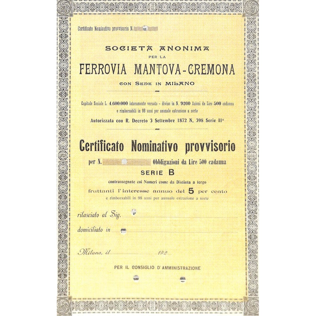 SOC. ANON. FERROVIA MANTOVA-CREMONA - OBBLIGAZIONI 1920