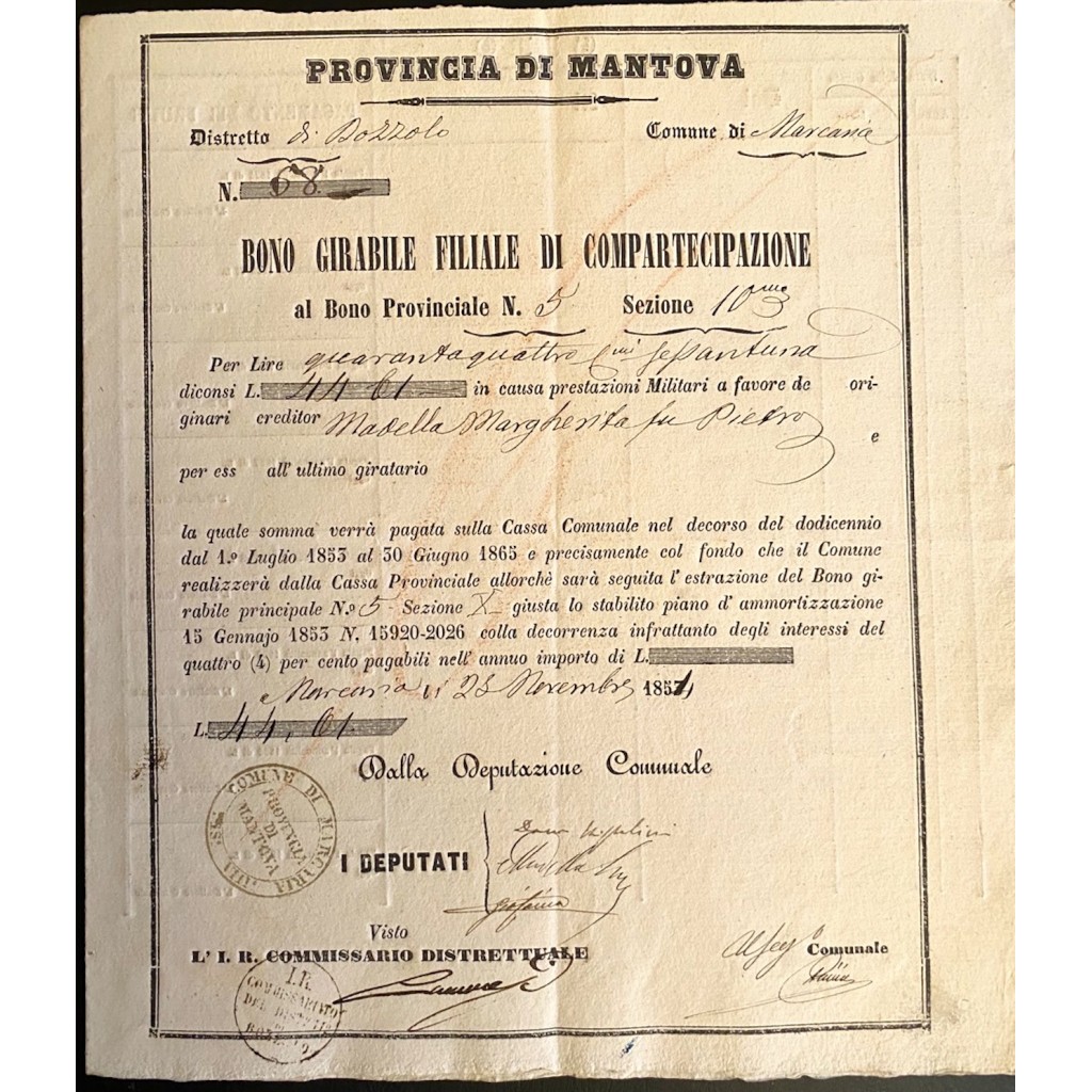 1854 - PROVINCIA DI MANTOVA BONO GIRABILE DI...