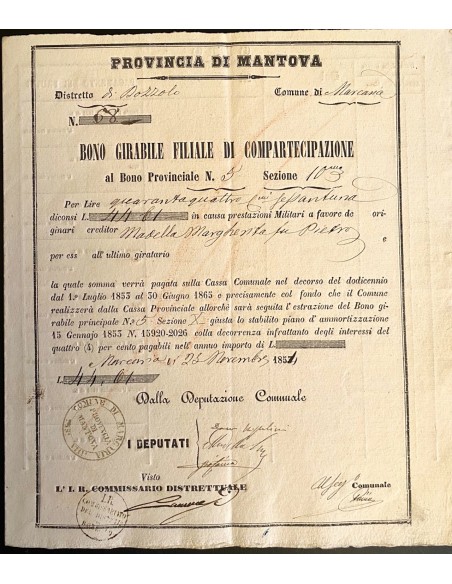 1854 - PROVINCIA DI MANTOVA BONO GIRABILE DI COMPARTECIPAZIONE - MARCARIA  (MN)