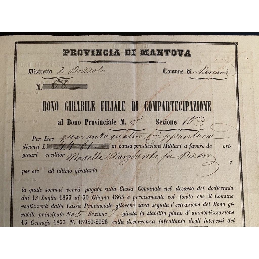 1854 - PROVINCIA DI MANTOVA BONO GIRABILE DI...