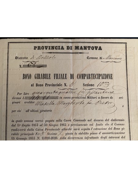 1854 - PROVINCIA DI MANTOVA BONO GIRABILE DI COMPARTECIPAZIONE - MARCARIA  (MN)