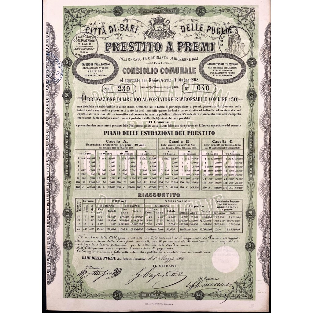 1869 - CITTA`DI BARI E DELLE PUGLIE PRESTITO A...