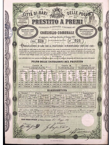 1869 - CITTA`DI BARI E DELLE PUGLIE PRESTITO A PREMI 1 OBBLIGAZIONE - BARI