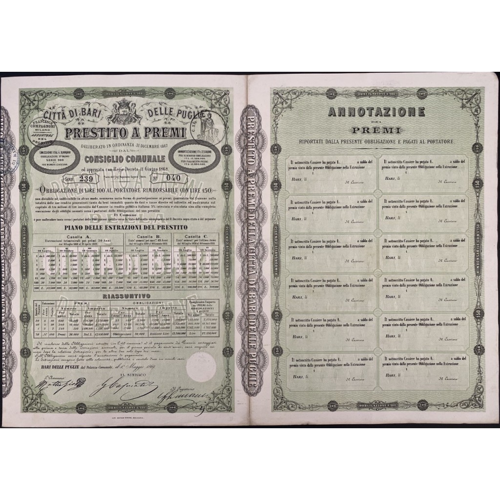 1869 - CITTA`DI BARI E DELLE PUGLIE PRESTITO A...