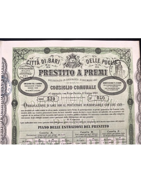 1869 - CITTA`DI BARI E DELLE PUGLIE PRESTITO A PREMI 1 OBBLIGAZIONE - BARI
