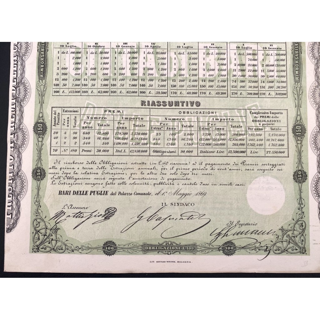 1869 - CITTA`DI BARI E DELLE PUGLIE PRESTITO A...