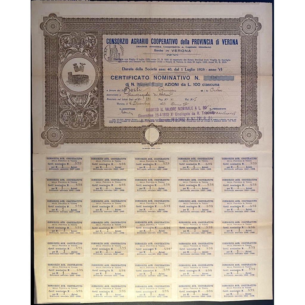 1929 - CONSORZIO AGRARIO COOPERATIVO DELLA PROVINCIA DI VERONA 1 AZIONE