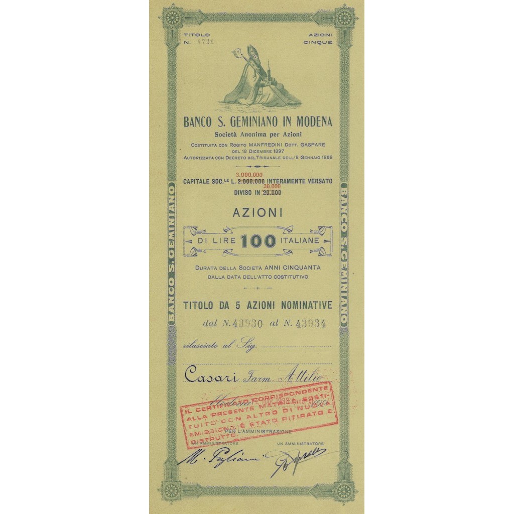 BANCO DI SAN GEMINIANO IN MODENA 5 AZIONI MODENA