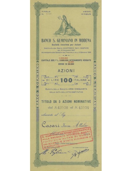 BANCO DI SAN GEMINIANO IN MODENA 5 AZIONI MODENA
