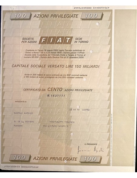 1972 - FIAT (FABBRICA ITALIANA AUTOMOBILI TORINO) 100 AZIONI PRIVILEGIATE - TORINO