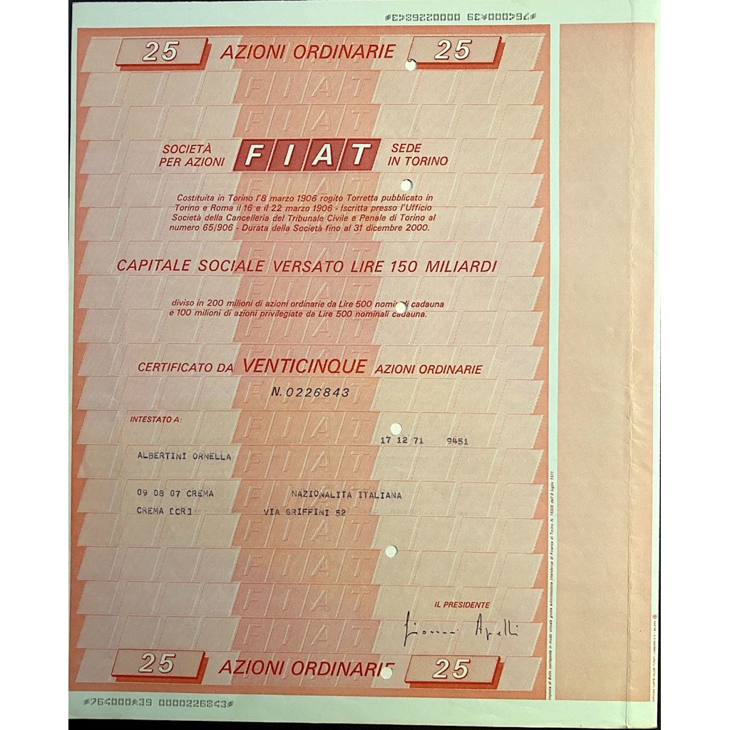 1972 - FIAT (FABBRICA ITALIANA AUTOMOBILI TORINO) 25 AZIONI ORDINARIE - TORINO