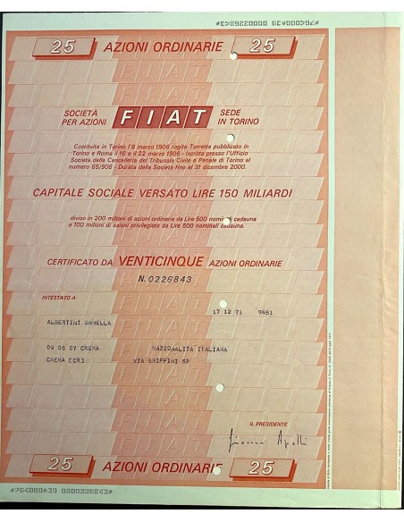 1972 - FIAT (FABBRICA ITALIANA AUTOMOBILI TORINO) 25 AZIONI ORDINARIE - TORINO