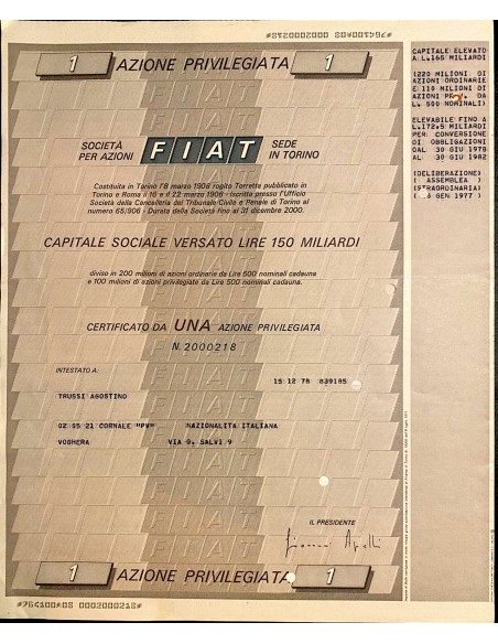 1972 - LOTTO 8 AZIONI FIAT (FABBRICA ITALIANA AUTOMOBILI TORINO) (1-2-5-10-25-50-100-200)