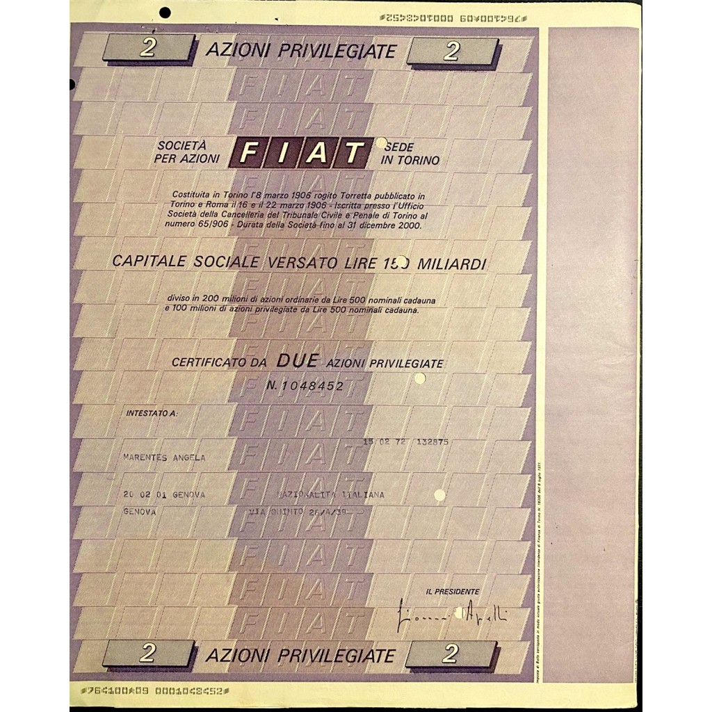 1972 - LOTTO 8 AZIONI FIAT (FABBRICA ITALIANA...