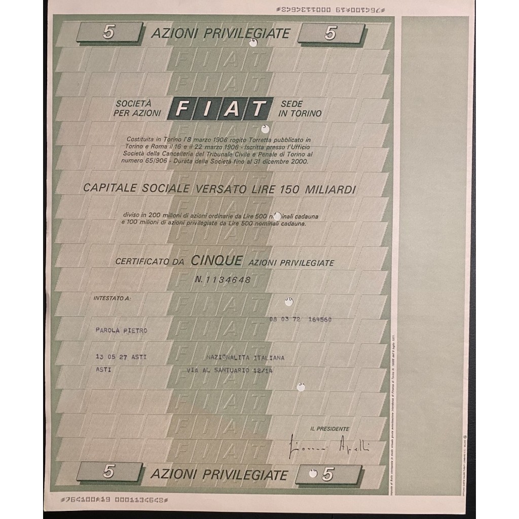 1972 - LOTTO 8 AZIONI FIAT (FABBRICA ITALIANA...