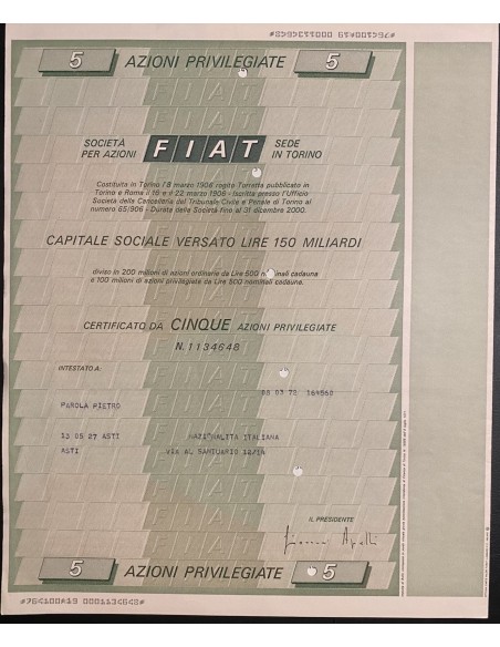 1972 - LOTTO 8 AZIONI FIAT (FABBRICA ITALIANA AUTOMOBILI TORINO) (1-2-5-10-25-50-100-200)