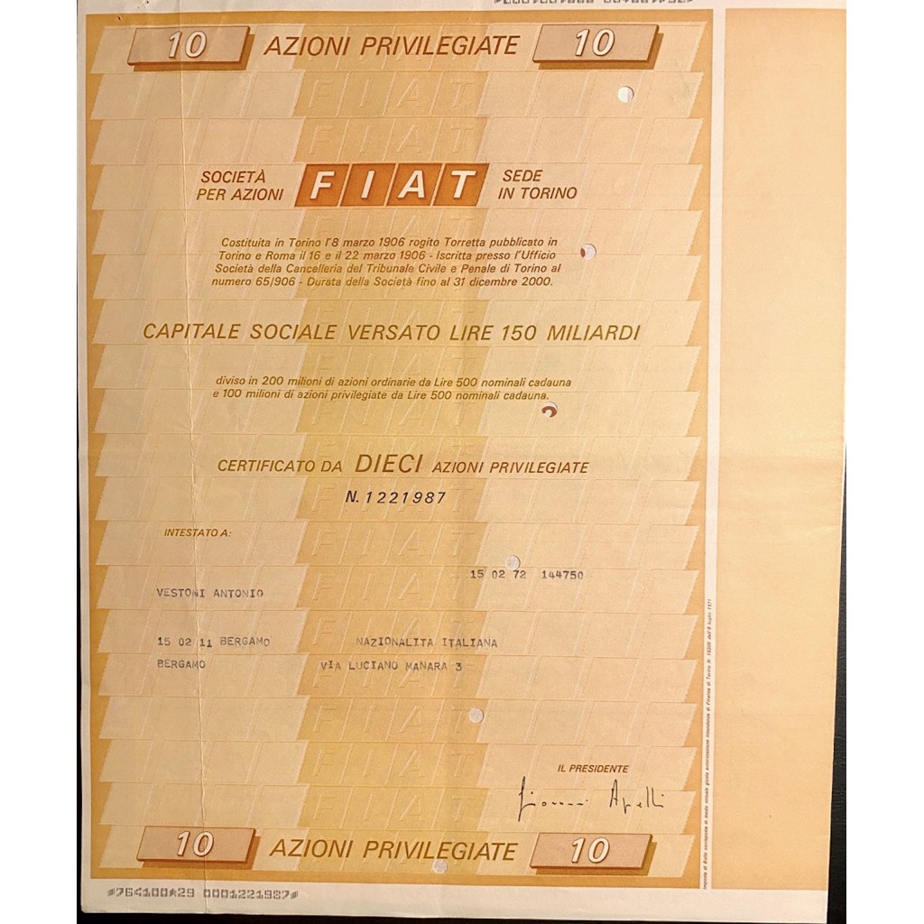 1972 - LOTTO 8 AZIONI FIAT (FABBRICA ITALIANA...