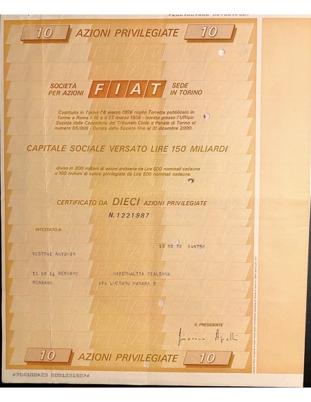 1972 - LOTTO 8 AZIONI FIAT (FABBRICA ITALIANA AUTOMOBILI TORINO) (1-2-5-10-25-50-100-200)