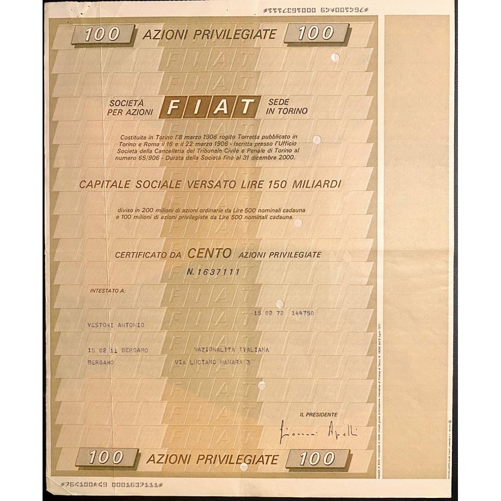 1972 - LOTTO 8 AZIONI FIAT (FABBRICA ITALIANA...