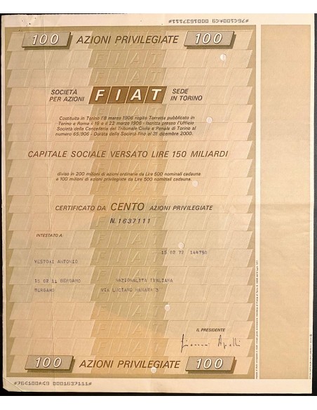 1972 - LOTTO 8 AZIONI FIAT (FABBRICA ITALIANA AUTOMOBILI TORINO) (1-2-5-10-25-50-100-200)