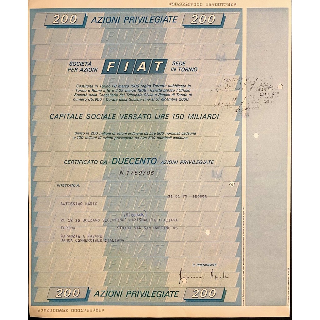 1972 - LOTTO 8 AZIONI FIAT (FABBRICA ITALIANA...